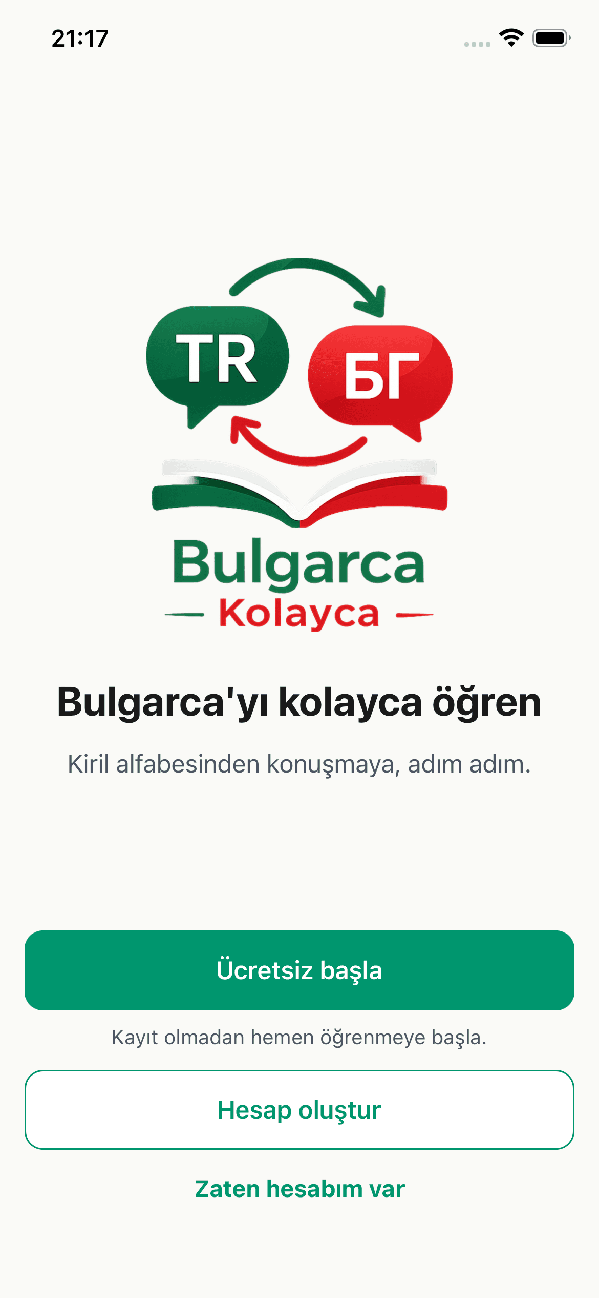 Kayıt olmadan başla — Bulgarca Kolayca ekranı